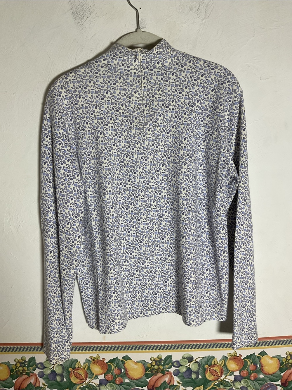 Vintage Leon Levin Micro Floral Mock Neck Zipper Top Size L Purple Off White - Picture 4 of 10